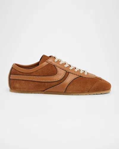 Dries Van Noten Stitched Contrast Rubber Sole Suede Panel Sneakers In Brown