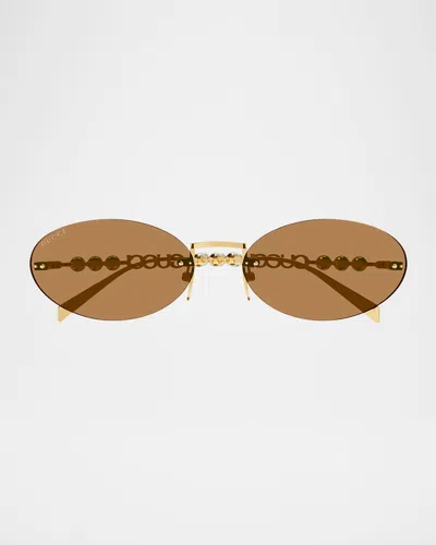 Gucci Rimless Metal Oval Sunglasses With Faux Pearls In Brown