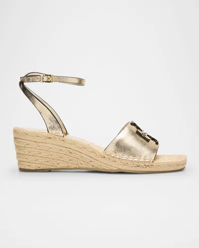 Tory Burch Ines Metallic Double T Wedge Espadrilles In Gold