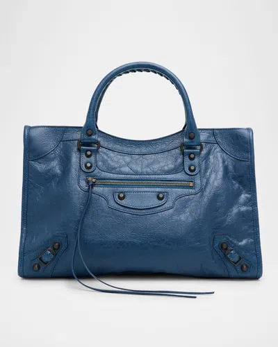 Balenciaga Le City Medium Crinkled Leather Top-handle Bag In Blue