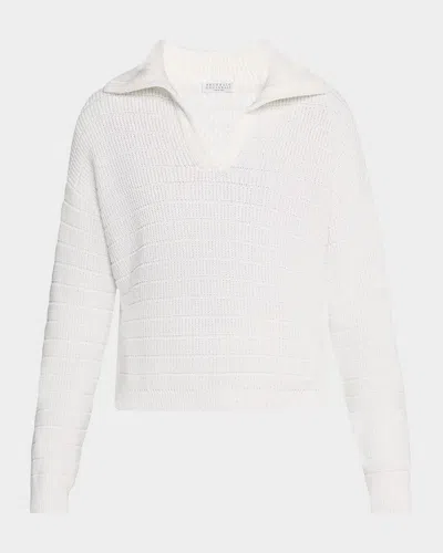 Brunello Cucinelli Johnny Collar Cotton English Ribbed Sweater In White