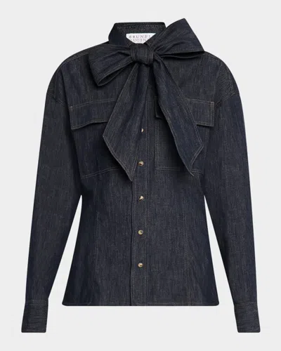 Brunello Cucinelli Lightweight Denim Shirt With Removable Bow In Blue