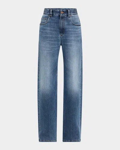 Brunello Cucinelli Soft Denim Loose Stove Pipe Jeans In Blue