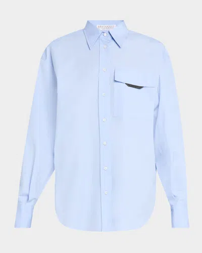 Brunello Cucinelli Matte Poplin Shirt With Monili Flap Pocket In Blue