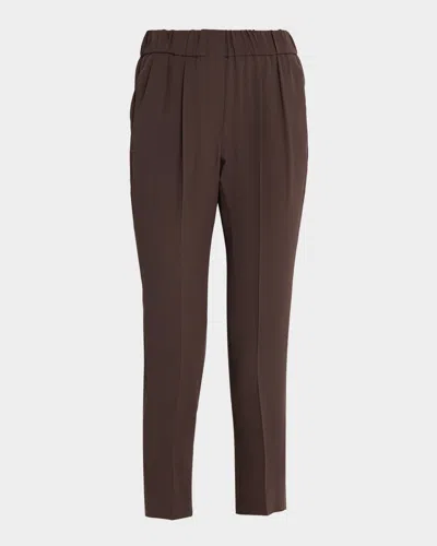 Brunello Cucinelli Silk Crepe Cady Straight-leg Ankle Pull-on Pants In Brown