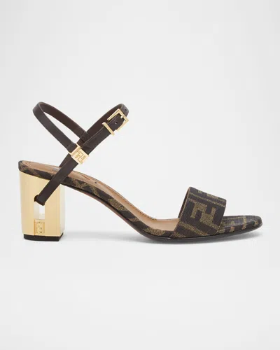 Fendi Women Delfina Ff Brown Jacquard Sandals In Brown