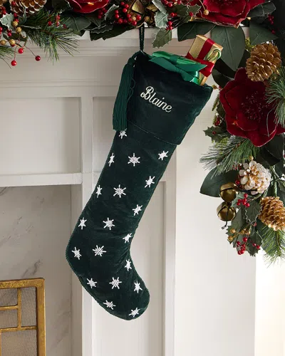 Sudha Pennathur Beaded Snowflakes Velvet Christmas Stocking, Personalized In Green
