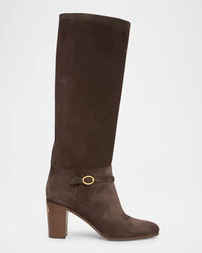Valentino Pattie Suede Buckle Knee Boots In Brown