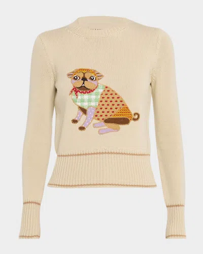 Valentino Pug Embroidered Wool Crewneck Sweater In Neutral