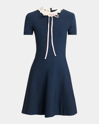 Valentino Ribbon Ruffle-trim Knit Mini Dress In Blue