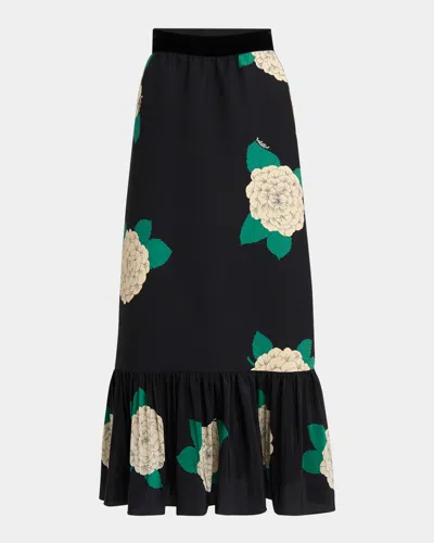 Valentino Womens Nero Avorio Verde Floral-print Silk-crepe Maxi Skirt In White