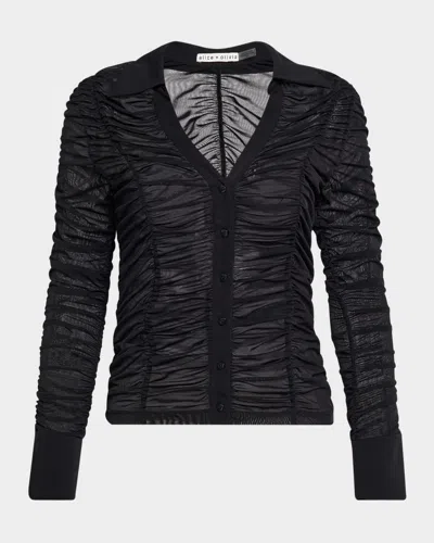 Alice And Olivia Portia Fitted Mesh Button-front Shirt In Black