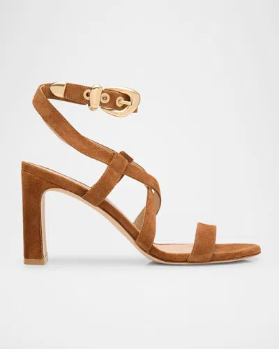 Stuart Weitzman Maven Suede Buckle Block-heel Sandals In Brown