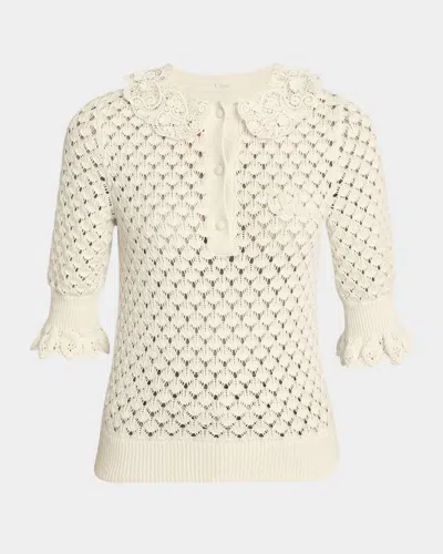 Chloé Lace-collar Open Knit Polo Top In White