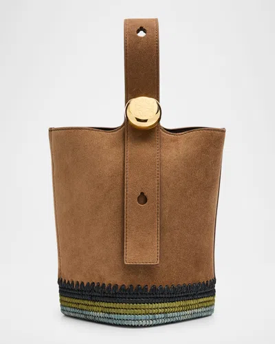 Loewe Pebble Raffia-bottom Mini Bucket Bag In Suede