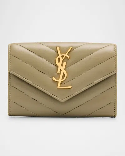 Saint Laurent Ysl Monogram Small Flap Wallet In Smooth Leather In Green
