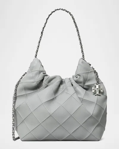 Tory Burch Fleming Mini Quilted Leather Hobo Bag In Gray