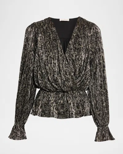 Ramy Brook Jean Pleated Metallic Peplum-hem Blouse In Gray