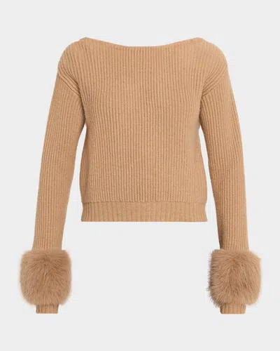 Ramy Brook Lisa Open Back Faux Fur Trim Sweater In Brown