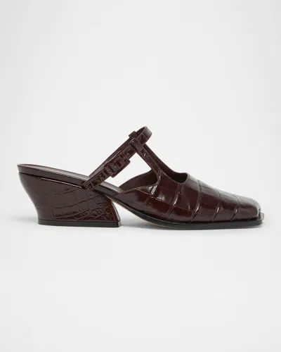 Loewe Onda Croc-embossed Leather Mules In Burgundy