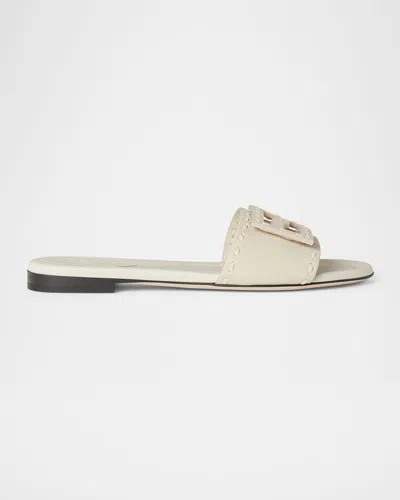 Fendi Baguette Ff Leather Buckle Flat Slide Sandals In White