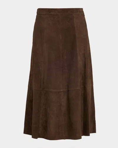 Vince Mid-rise Flared Suede Skirt In Brown