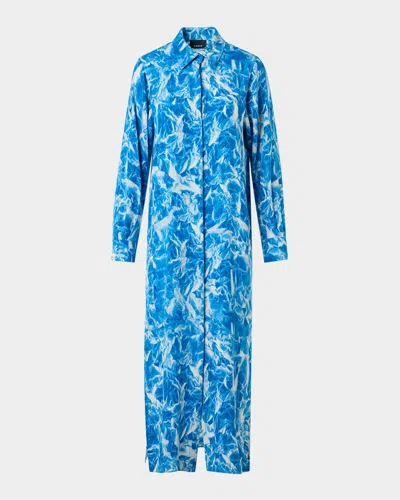 Akris Whitecaps Print Silk Crepe Midi Shirtdress In Blue