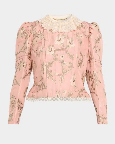 Chloé Floral-jacquard Lace-collar Jacket In Pink