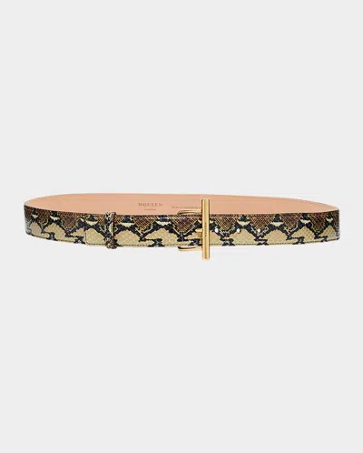Alexander Mcqueen T-bar Snakeskin-print Leather Skinny Belt In Brown