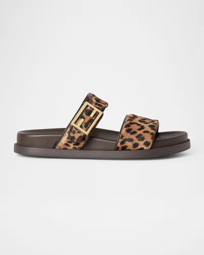 Fendi Feel Leopard Calf Hair Slide Sandals In Brown