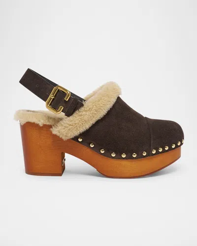 Chloé Jeanette Suede Shearling-lined Clogs In Brown