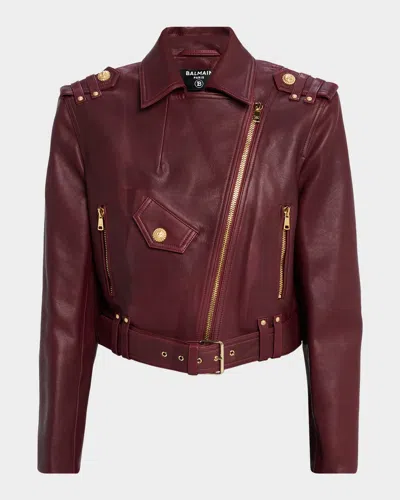 Balmain Leather Biker Jacket In Purple