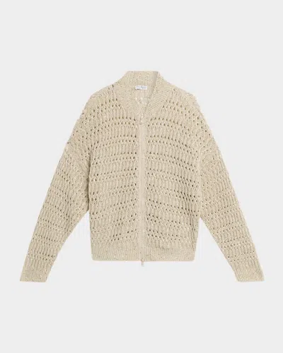 Brunello Cucinelli Paillette Linen Open-knit Zip Cardigan In Neutral