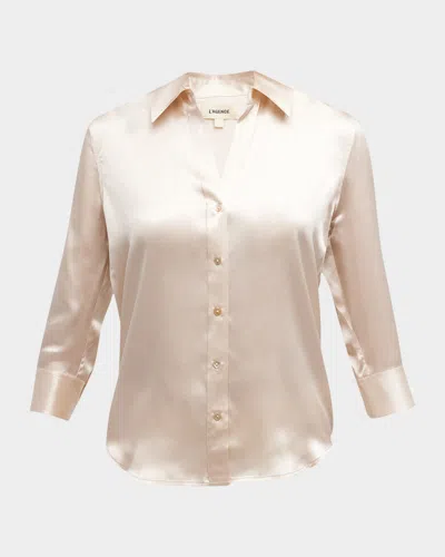 L'agence Dani Silk Satin 3/4-sleeve Button-down Blouse In Brown