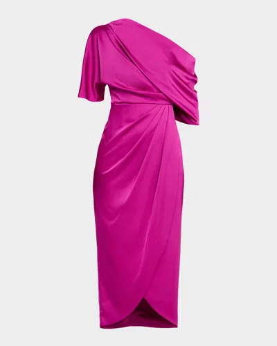 Theia Rayna Draped One-shoulder High-low Gown In Pink