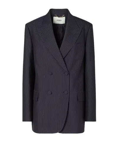 Fendi Women Blue Double-breasted Jacket With Peak Revers And Pinstripe Motif In Wool Blend Woman In Blue
