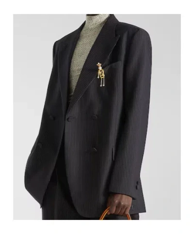 Fendi Women Blue Double-breasted Jacket With Peak Revers And Pinstripe Motif In Wool Blend Woman In Blue