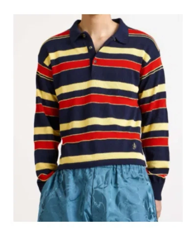 Jw Anderson Mens Knitted Striped Rugby Polo Top In Navy In Multi