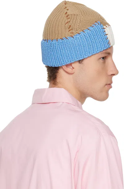 Marni Brown Wool Mixed Knit Beanie With  Mending In Brown