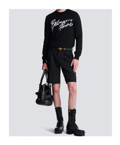 Balmain Paris Logo Intarsia Merino Wool Blend Sweater In Black