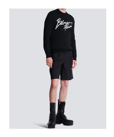 Balmain Paris Logo Intarsia Merino Wool Blend Sweater In Black