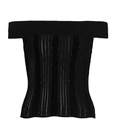 Balmain Off-the-shoulder Glittered Velvet And Ribbed-knit Top In Black