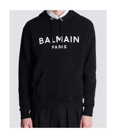 Balmain Logo Printed Drawstring Hoodie In Black