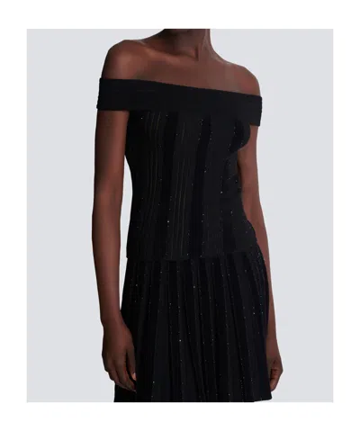 Balmain Off-the-shoulder Glittered Velvet And Ribbed-knit Top In Black