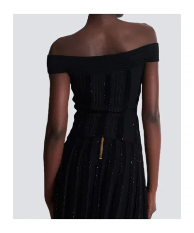 Balmain Off-the-shoulder Glittered Velvet And Ribbed-knit Top In Black