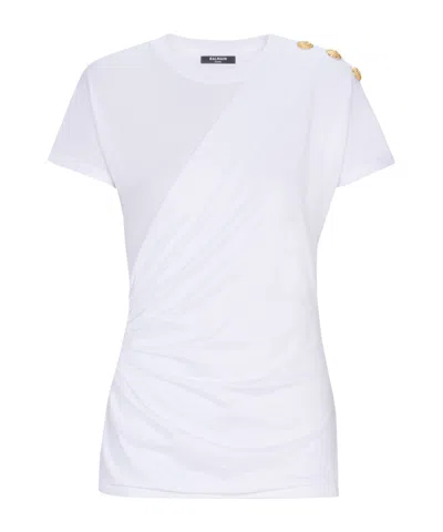 Balmain Cotton T-shirt With Button Detail And Draped Design In White