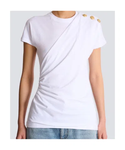 Balmain Cotton T-shirt With Button Detail And Draped Design In White
