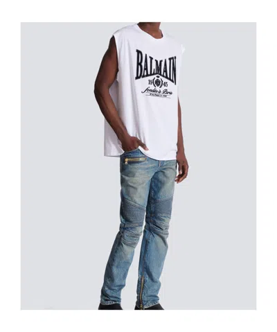 Balmain Sleeveless Crew Neck Nylon Silk Top In White