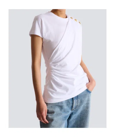 Balmain Cotton T-shirt With Button Detail And Draped Design In White