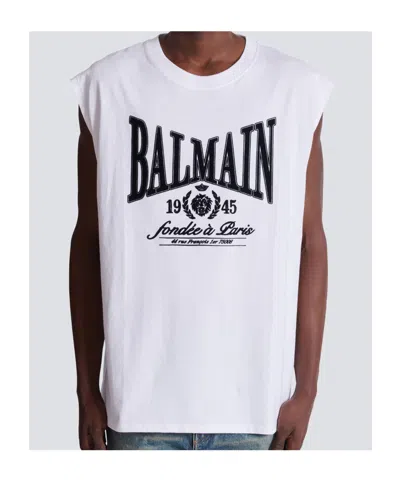Balmain Sleeveless Crew Neck Nylon Silk Top In White